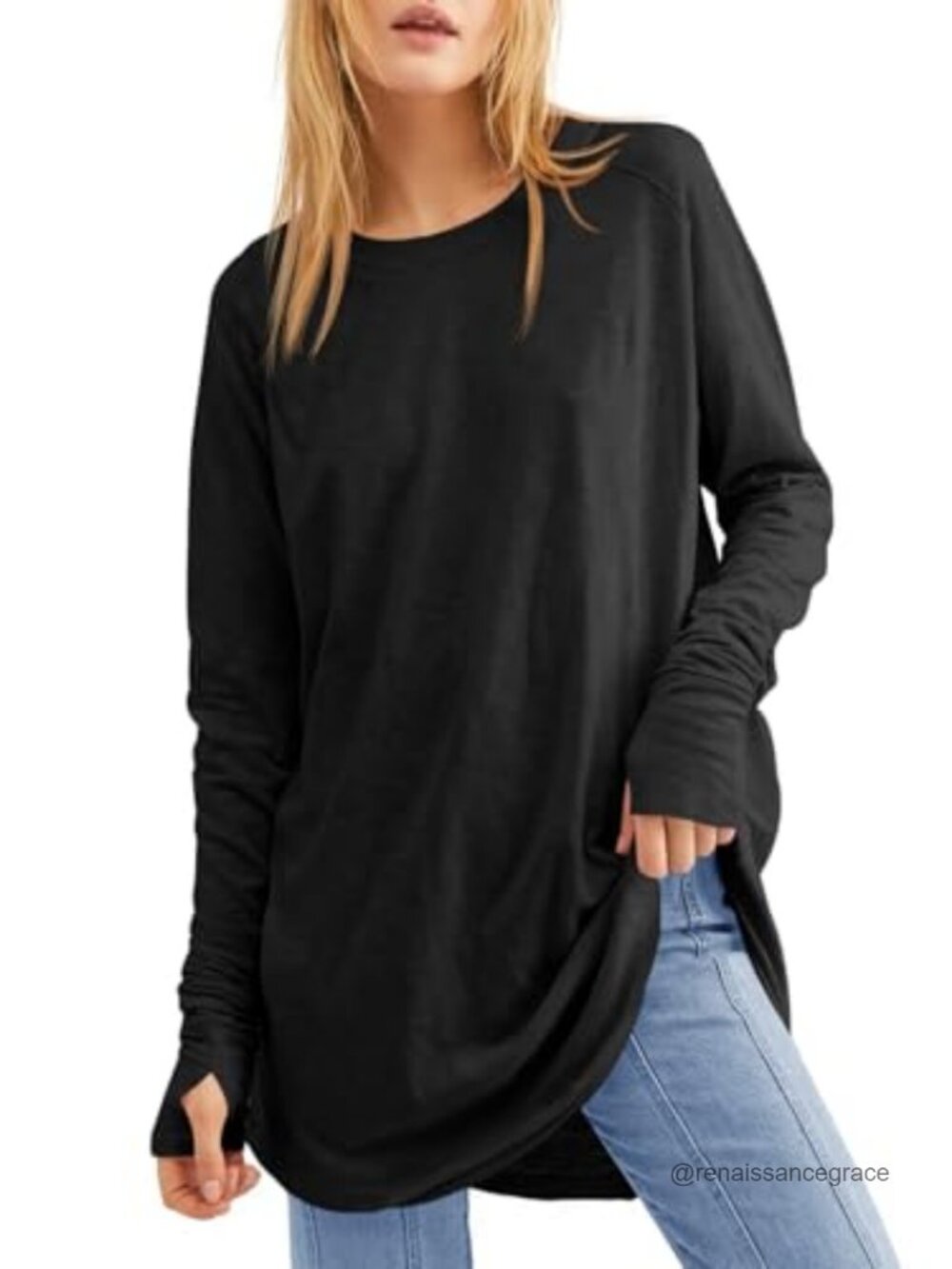 Women's Long Sleeve Tunic Top with Thumb Holes Loose Fit Crew Neck